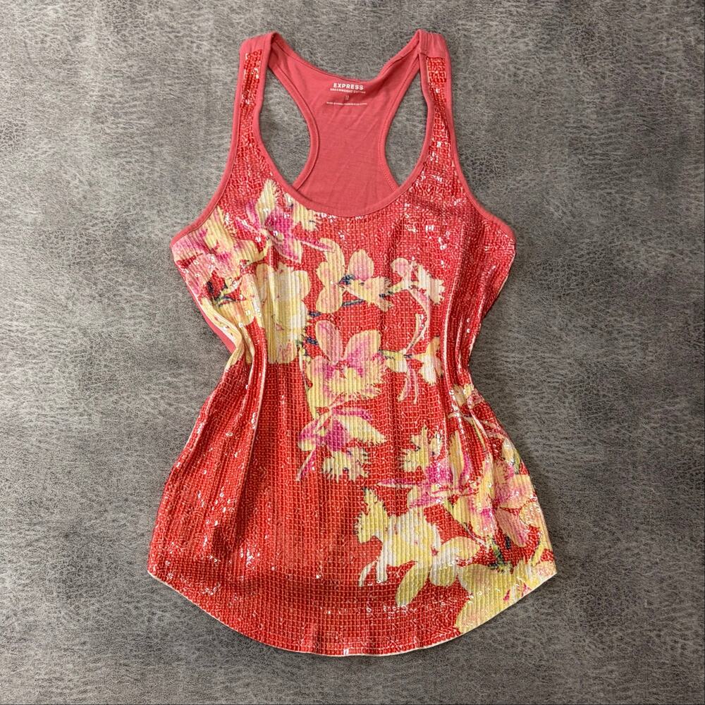 Express Coral Floral Sequin Tank Top - Picture 1 of 6